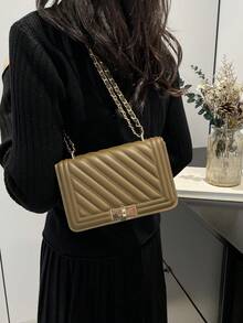 时尚新款纯色PU压纹迷你单肩包，街头通勤斜挎包，简约女士链条小方包，女士礼物，女士钱包，女士手机包 - 棕色 - 查看 3