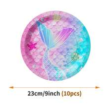 粉蓝渐变美人鱼鳞片一次性餐盘、餐巾纸和杯子套装，可供10位客人使用，一次性纸盘，派对用品，适合生日、婚礼、聚会、家庭野餐等场合。 - 查看 6