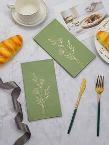 20 piezas Servilletas con hojas verdes y lámina de oro, adecuadas para bodas, cumpleaños, decoración de fiestas de jardín en restaurantes, cocinas, cafés - Pañuelos cuadrados estampados de estilo retro - Ver 2