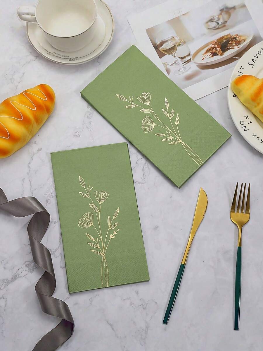 20 piezas Servilletas con hojas verdes y lámina de oro, adecuadas para bodas, cumpleaños, decoración de fiestas de jardín en restaurantes, cocinas, cafés