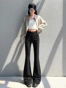 Women's Spring Clothing, Women's Flared Pants, Spring Stretch Pants, Black Pants, Leg-Lengthening Effect, Work Pants, Flared Pants, Casual Pants, Loungewear, High-Waist Design, Elastic Waistband, Slimming And Figure-Enhancing Effect, Sizes S/M/L/LL, Elastic Waistband Accentuates Curves, Office Casual Wear, Women's Pants - 黑色[常規款] - 查看 11