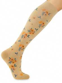 6 Pairs Women Floral Pattern Knee High Socks, Compression Socks For Fitness, Cycling, Running, Sports - Multicolor - View 5
