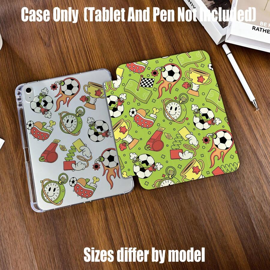 Cartoon Football Tri-Fold Pencil Slot Tablet Case, Retro Sports Style Tri-Fold. Compatible With Mainstream And Tablet Models: Covers Mini 4/5 (7.9 Inch), Mini 6 (8.3 Inch), 9.7 Inch, 10.2 Inch, 10.5 Inch, 10.9/11 Inch And 12.9/13 Inch Models; Also Fits 8.7 Inch, 10.4 Inch, 10.5 Inch, 11 Inch And 12.4 Inch