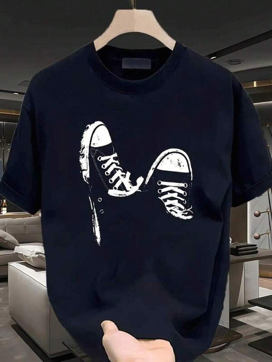 T-Shirt Suitable For Both Parties And Daily Wear. Men's Casual Short-Sleeved T-Shirt With Sneaker Print. White T-Shirt With Crew Neck And Breathable Digital Print, Suitable For Summer Wear. Comfortable And Breathable, Machine Washable, Urban Style, Casual And Modern Look. Short-Sleeved T-Shirts Suitable For Everyday Wear. Can Be Worn With Your Sisters As A Brother-Sister Set, For Festivals, Birthdays (1 Piece). - 黑色 - 查看 1