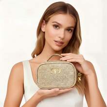 Christian Dior 2025 Limited Edition Gold Woven Makeup Bag - Shimmering Holiday Pouch With CD Logo & Star Charm - Apricot - View 7