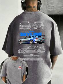 Men's T-Shirt, GTR Racing Car, Graphic Tee,Skyline Car Blueprint, 100 Percent Cotton, Soft And Comfortable, Autumn Top, Basic Style Unisex, Holiday Gift, Men's T-Shirt, Locally Produced And Shipped - Xám - Xem 1