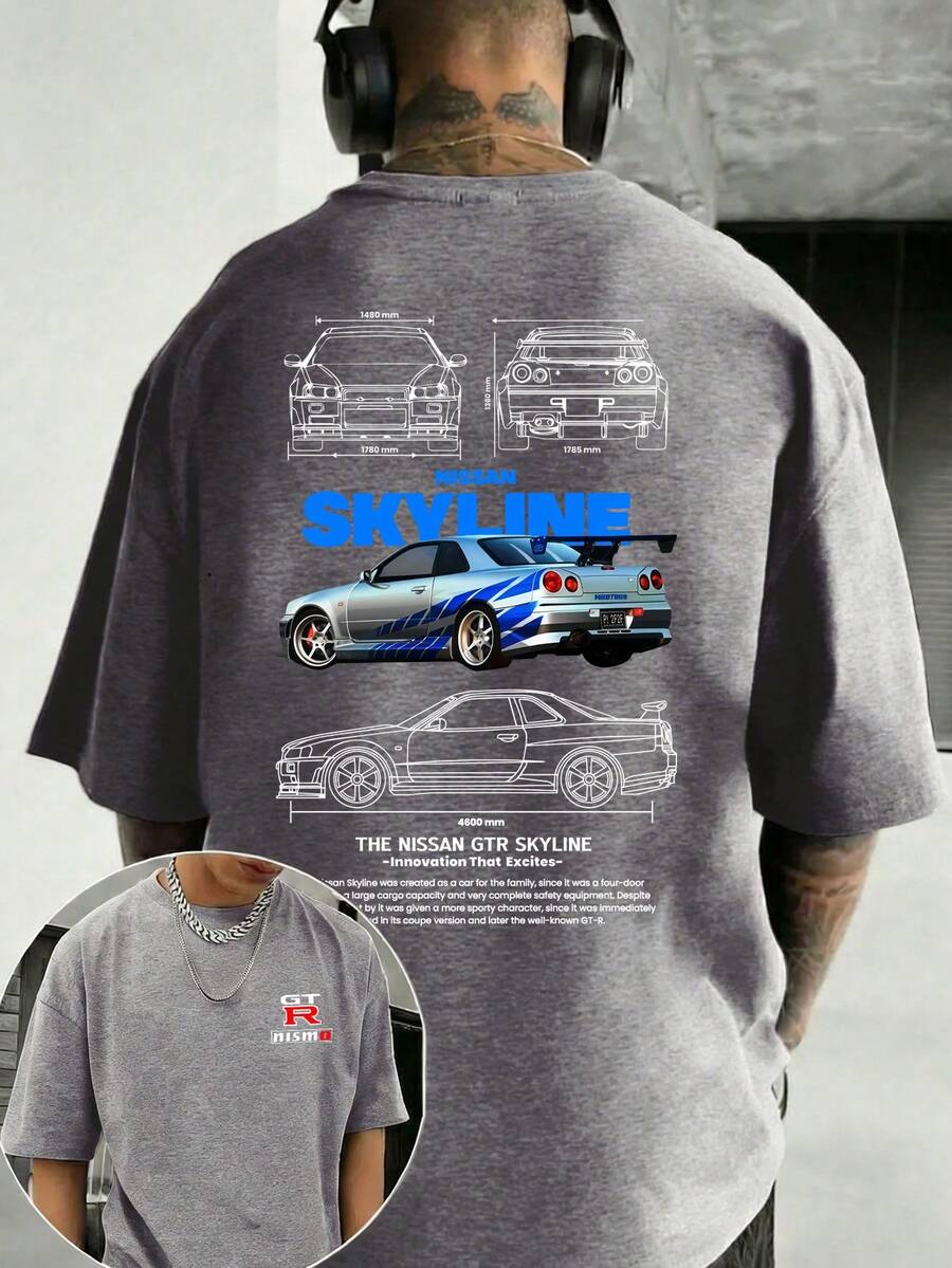Men's T-Shirt, GTR Racing Car, Graphic Tee,Skyline Car Blueprint, 100 Percent Cotton, Soft And Comfortable, Autumn Top, Basic Style Unisex, Holiday Gift, Men's T-Shirt, Locally Produced And Shipped - Xám - Xem 1