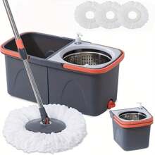 Rotary Mop And Bucket Set, Mop Bucket For Bathroom, School Bathroom, 360° Rotary Mop Bucket System, With 4 Replacement Microfiber Mop Heads And A 47-Inch Adjustable Handle, Used For Floor Cleaning, Bucket-Style Floor Cleaning Tool - 黑紅相間的滾筒,頂部配置,配有四個拖把頭 - 查看 10