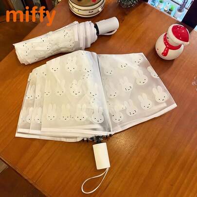  1 chiếc ô tự động hoàn toàn dễ thương hình thỏ Miffy Kawaii, in hình hoạt hình, trong suốt, kiểu dáng Ins, có thể gập lại, di động, quà tặng cho bé gái
