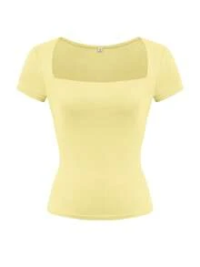 Vaiaye 女款休閒純色針織方領性感修身 Y2K 短袖 T-shirt，春夏運動上衣 - 黃色 - 查看 3