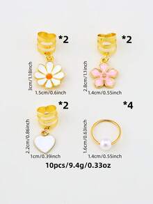 10pcs Boho Gold Hair Cuffs With Flower & Heart Charms – Pearl Braid Jewelry Set - Gold - View 6