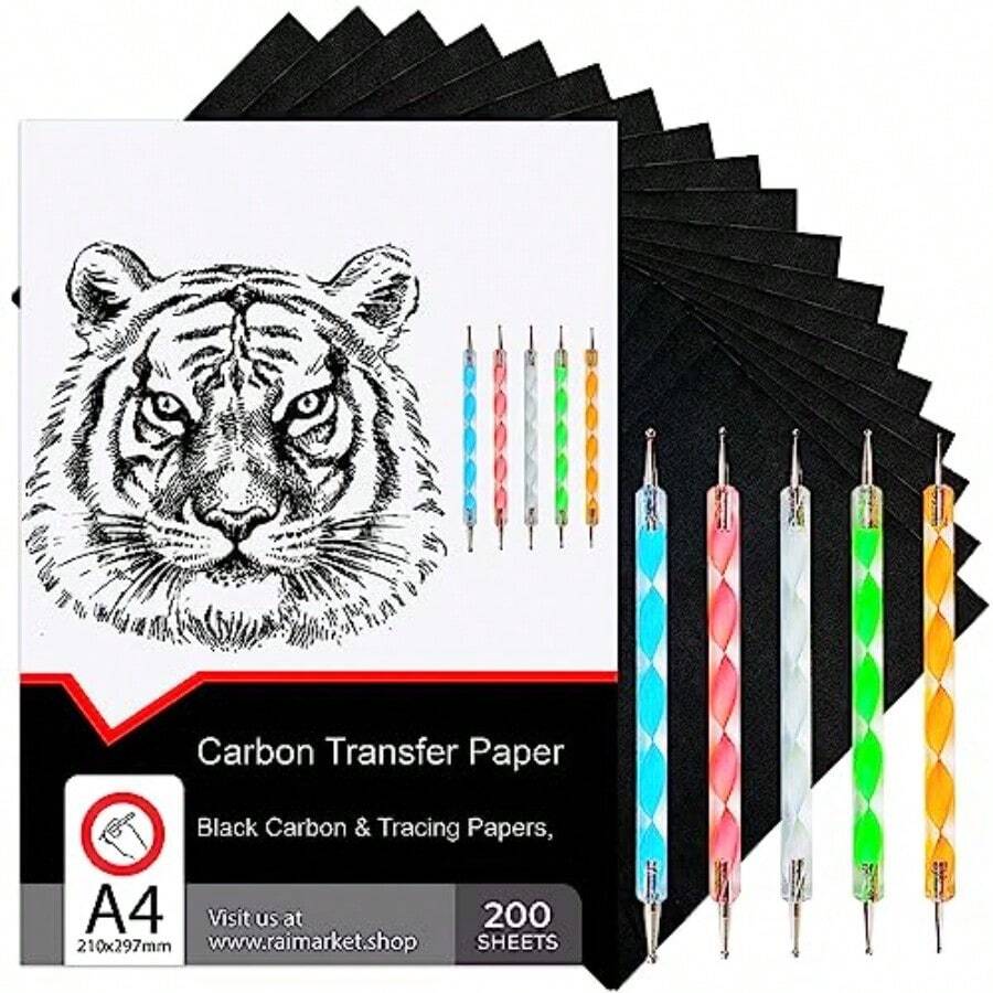 Raimarket - 200 hojas de papel de carbono negro para trazar sobre tela papel de carbono para trazar en madera y lona papel de calcar para dibujar patrones de costura 5 lápiz tamaño A4 9 x 13 - Negro200 - Ver 1