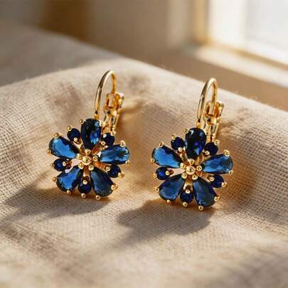 Bông tai hình giọt nước đính đá sapphire hình hoa cổ điển mạ vàng 14K, kiểu dáng thanh lịch dành cho nữ, trang sức dự tiệc cưới.