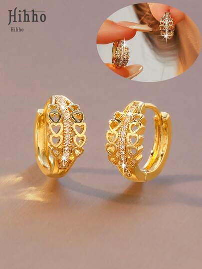 Hihho 1 par de pendientes de mujer con diseño de corazón hueco único y creativo, con circonita engastada, joyería minimalista y romántica, adecuada para festivales, salidas, fiestas, vestimenta formal, se puede usar solo o apilada con otros pendientes para crear un aspecto elegante y de alta gama