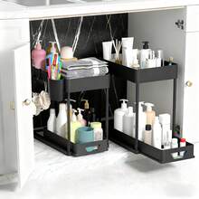 Este práctico estante de almacenamiento extraíble de dos niveles cuenta con ganchos para colgar tazas.Es versátil y se puede usar en la cocina, el baño, la lavandería o como estante de baño.Es un estante de almacenamiento para baño sin necesidad de perforar. - Panel inferior extraíble, negro *2 unidades - Ver 3