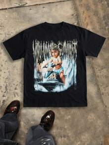 男士复古天使图案T恤，街头风Y2K休闲圆领短袖T恤，舒适透气，适合夏季穿着 - 黑色 - 查看 1