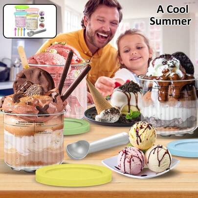 Bộ 4 hộp đựng kem có nắp đậy, tái sử dụng, tương thích với máy làm kem CREAMi, chống rò rỉ và an toàn với máy rửa chén, dùng để làm kem tự làm, gelato, sorbet, sữa chua đông lạnh. Bao gồm thìa và muỗng, tuyệt vời cho mùa hè vui vẻ và các bữa tiệc trẻ em.