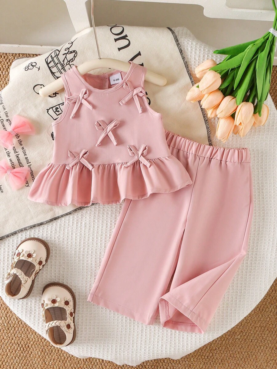 2件套女婴休闲优雅3D蝴蝶结无袖上衣和阔腿裤套装，夏季 - 粉色 - 查看 1