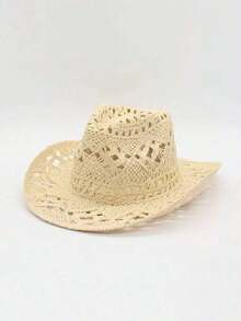Hand-Woven Panama Cowboy Wide-Brimmed Hat, Bohemian Style Beach Straw Hat, Hat, Casual Windproof Beach Hat - 淺褐色的 - 查看 1