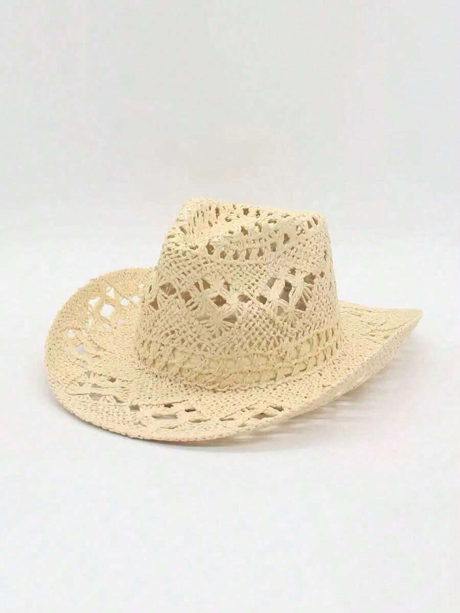 Hand-Woven Panama Cowboy Wide-Brimmed Hat, Bohemian Style Beach Straw Hat, Hat, Casual Windproof Beach Hat - 淺褐色的 - 查看 1