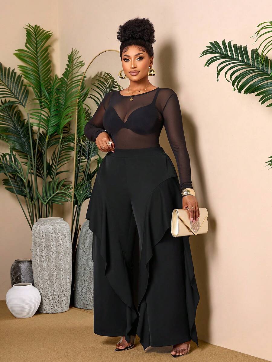 Plus Size Black High Waist Ruffle Wide Leg Pants - Black - View 1