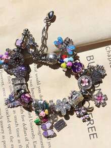 1pc Vintage Flower Charm Bracelet, Pink Sakura Flower Bracelet, Tulip Flower Bracelet, Vintage Butterfly Bracelet, Holiday Style Bracelet - 粉色 - 查看 7