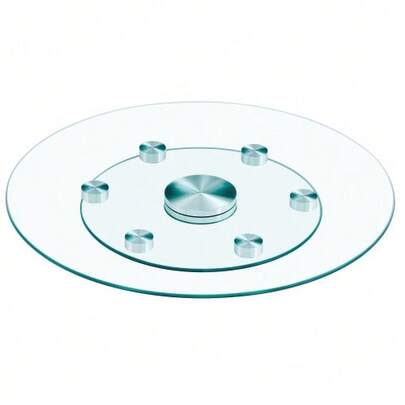 Tischplatte. Zweistufige, drehbare runde Glasplatte. Der obere Glasdurchmesser beträgt, der untere 38 cm. Das drehbare Design ermöglicht ein einfacheres Aufnehmen und Abstellen von Gegenständen.