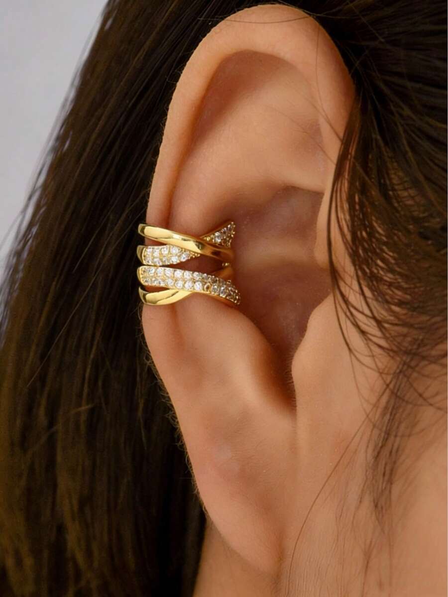 镀金十字耳夹，立方氧化锆极简主义无耳洞耳软骨夹，斋月和复活节礼物 - 金黃色 - 查看 1