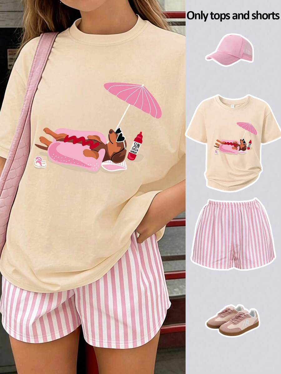 2pcs/Set Teen Girls Dachshund Print T-Shirt And Striped Shorts Outfit, Soft Comfortable Cute Summer Wear - Apricot - View 1