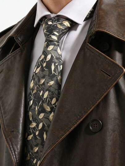 1条复古干叶图案领带，适合搭配复古休闲西装