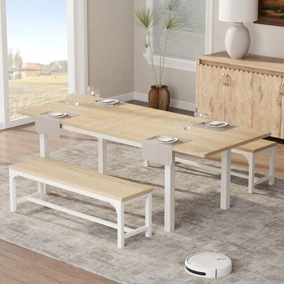 Extendable Office Dining Table & Chair Set – 5-Piece Mid-Century Modern Desk – Metal Frame, Durable MDF, Easy To Clean, Mark-Resistant – Seats 4-8 – Ideal For Small Spaces