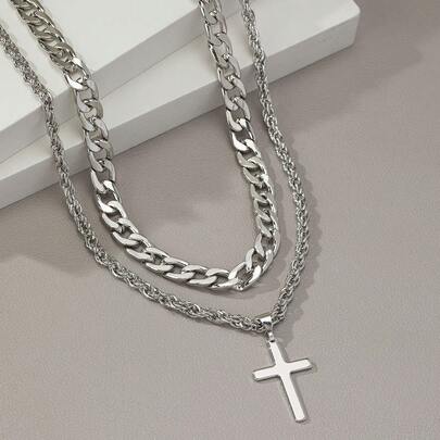 男士时尚潮流十字扭链朋克街头风项链套装，适合日常、工作、派对、送礼（不含礼盒）