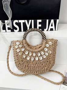 Woven Shell Beach Bag | Detachable Shoulder Strap . Vacation Beach Bag . Multifunctional Fashion Women Handbag] Contrast Color Handle: Black And White Striped Wrapped Round Handle, Retro Eye-Catching, Comfortable Grip, Instantly Become The Focus When Traveling - Multicolor - View 5