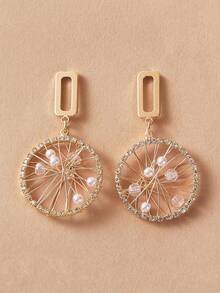 一对优雅奢华的对称方形和圆形几何吊坠耳环，适合派对和活动佩戴 - 金色 - 查看 3