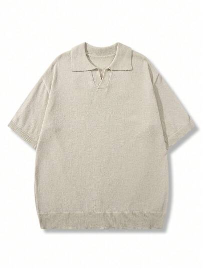 Men's Casual Solid Color Business Commute V-Neck Short Sleeve Polo Knit Sweater, Khaki, Spring/Summer