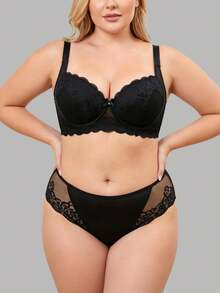 yalisi 2pcs/Set Plus Size Women Lace Padded Bra And Panty Set, Slimming, Comfortable, Suitable For Daily, Home, Leisure And Outdoor Sports - Black - View 3