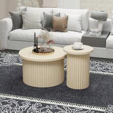 Set Of Two Round Coffee Tables With A Natural Wood Grain Look And Wavy Structure With An Integrated Side Table, Ideal For The Living Room, Bedroom, Study Or Office. - Beige - View 5
