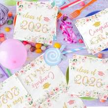 M50Pcs Congrats Grad Party Napkins - Floral Graduation Party Decorations Pink Class Of 2026 Graduation Paper Napkins For College High School Party PliesN - 粉色 - 查看 5
