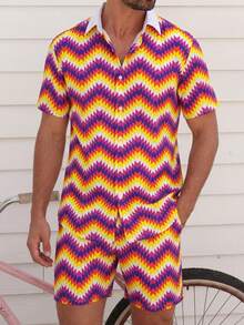 Bộ đồ nam phong cách nghỉ dưỡng, họa tiết sóng biển, tay ngắn và quần short. - Nhiều màu - Xem 4