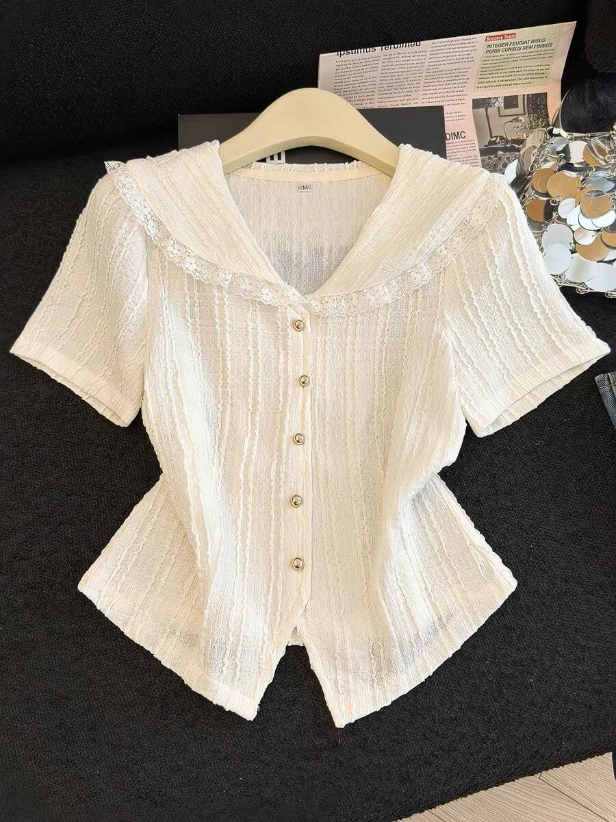 Women's Textured Gold Button Contrast Lace Lapel Short Sleeve Blouse White Summer - White - View 1