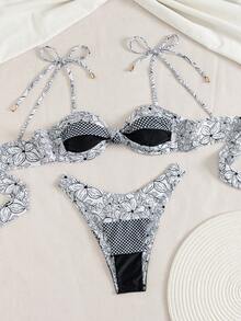 Bộ 2 món bikini nữ in hoa, kiểu dáng thanh lịch, gợi cảm, hở lưng, thích hợp cho kỳ nghỉ biển. - Nhiều màu - Xem 5