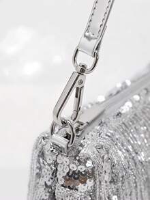 女士银色亮片流苏单肩包，闪亮晚宴手拿包，适合派对、婚礼、舞会等场合 - 銀色 - 查看 5