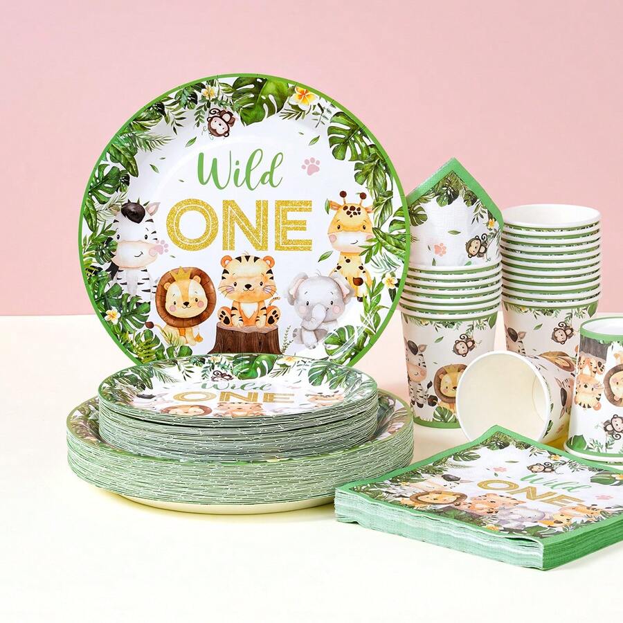 Bộ đồ dùng ăn uống dùng một lần họa tiết động vật cho sinh nhật lần thứ nhất, đĩa tiệc 7/9 inch, đĩa giấy, cốc, khăn ăn dùng một lần, thích hợp cho các ngày lễ, đám cưới, lễ đính hôn, sinh nhật, tiệc tùng, lễ kỷ niệm. - Nhiều màu - Xem 1