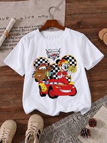 Disney Dis Pixar Cars Lightning McQueen Mater Mickey Checkered Racing Printed Pattern T-Shirts For Girls - Children's Clothing Design Short-Sleeved Casual And Cute Style Comfortable And Casual Wear All Year Round Suitable For Parties And Play Machine Washable Gift Children's Clothing Girls' Short-Sleeved Shirts - 白色 - 查看 2