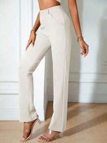 Solid Slant Pocket Straight Leg Pants Spring Elegant - Màu be - Xem 6
