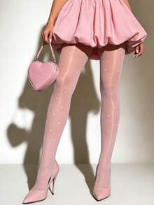 1条弹力光滑紧身连裤袜，半透明法式爱心印花丝袜，性感踩脚打底裤，显瘦连裤袜，春夏百搭，适合约会、派对、万圣节、情人节等场合。 - 淺粉色 - 查看 3