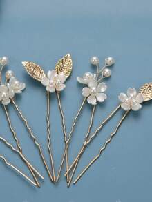 5pcs Gold Handmade Pearl Flower & Leaf Hair Clips, Bridal Wedding Party Accessories - Gold - View 3