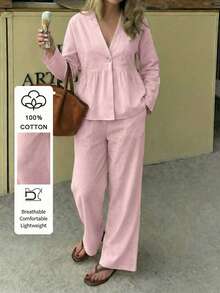 Look Polly Women's Spring Summer Casual Gentle Textured Cotton V Neck Single Button Ruffle Hem Top & High Waisted Wide Leg Pants Two Pieces Set Pink Vacation Outfit - Baby Pink - View 1