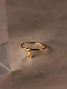 Stainless Steel Personalized Letter Pendant Ring, Customized Letter Pendant Ring, Gold And Silver Small Letter Band Jewelry, Minimalist Style Delicate Stackable Ring, Anniversary Gift - Multicolor - View 5