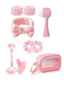 Bộ dụng cụ massage làm đẹp da mặt dành cho nữ gồm 1/3/4/7/9/12 món, bao gồm dụng cụ cạo mặt, con lăn, cọ, khay đá, băng đô, băng đeo cổ tay, kẹp tóc, dây buộc tóc, túi đựng, giá cả phải chăng. - Bộ dụng cụ massage tay màu hồng - Xem 16